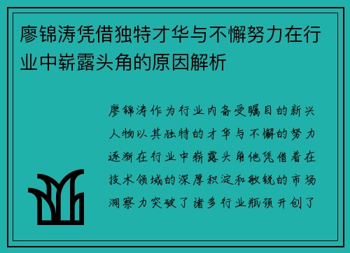 廖锦涛凭借独特才华与不懈努力在行业中崭露头角的原因解析